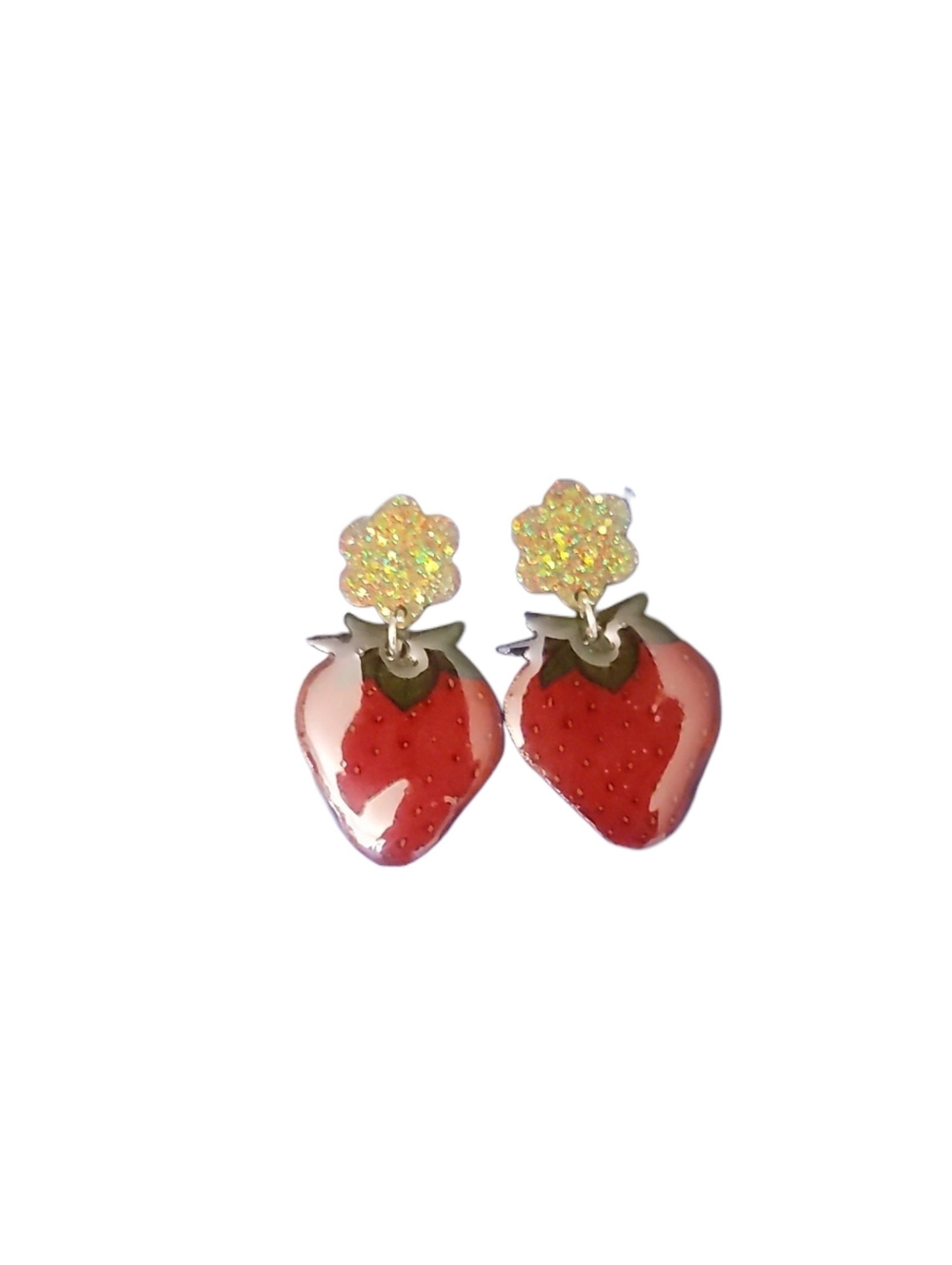 Hand Crafted Red Strawberry Earrings with Sparkle Flower Tops NWT